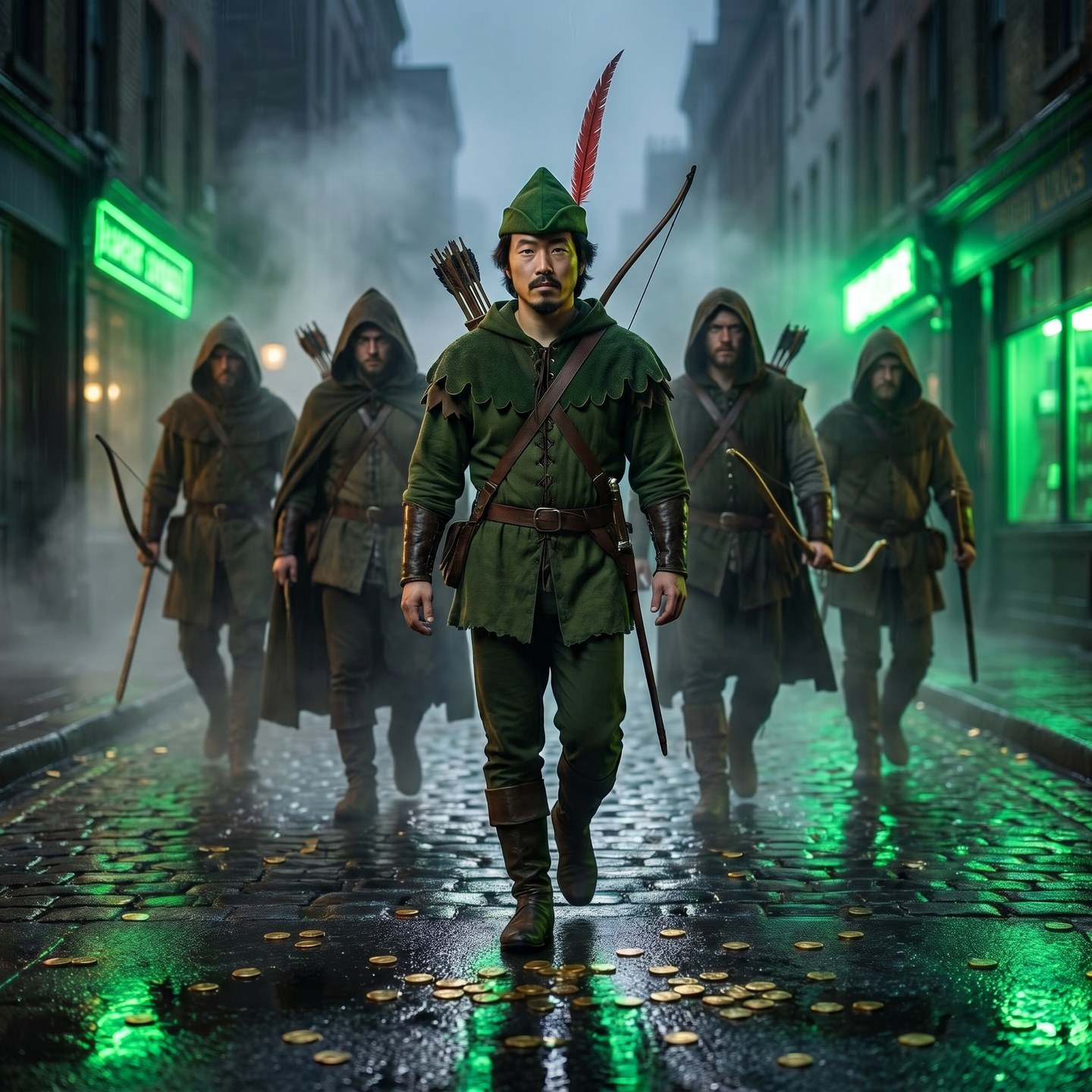Luóbīnhood leading his crew of hooded outlaws through neon streets
