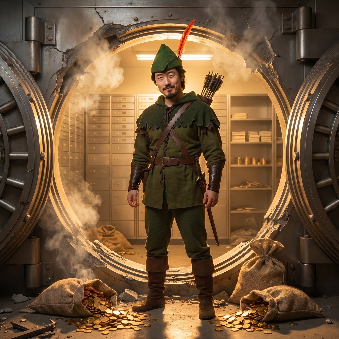 Luóbīnhood standing in a blown-open bank vault full of gold